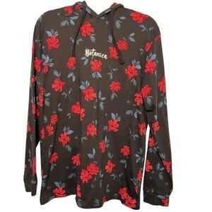 Denim & Flower Long Sleeve Hoodie Shirt Black w Multi Color  Flower Size L
